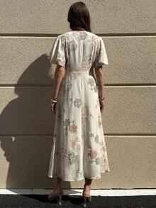 Clasi Vestido de unicolor con botones al frente, manga mariposa y abertura al muslo de longitud hasta el muslo para mujer - Albaricoque - Ver 2