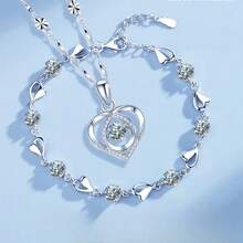 Korean Sterling Silver 925 Heart Shaped Crystal Necklace And Bracelet Set For Women, Vintage Party Jewelry, High-End Gift. - 銀色 05 - 查看 5