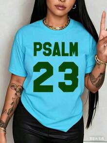 Short-Sleeve Summer Top Breathable Christian T-Shirt With Psalm 23 Bible Verse, Round Neck, Short Sleeve, Lightweight, White With Green Text, Casual Home Wear, Washable, Comfortable And Loose Summer Top (US Sizes) Fashionable Women's Clothing 100% Cotton 100% Cotton - 藍色的 - 查看 3