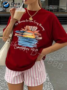 Women's Casual Summer T-Shirt, New Collection, Sunrise And Script Print, Regular Fit, 100% Cotton, 180 Gsm, Orca Brand. Suitable For Summer Leisure, Outdoor Activities, Sports, Vacations, Gifts, And Other Occasions. - 紅色 - 查看 12