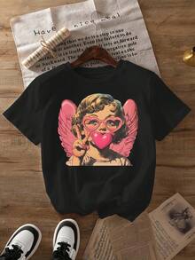 Women's Plus Size Loose Fit Summer Style T-Shirt, Ideal For Casual Outings - Black - View 1