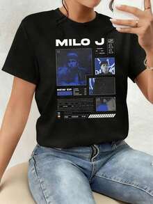 The Print Showcases A Modern Artistic Interpretation With Intense Blue Tones And Geometric Shapes That Evoke Creativity And Urban Energy, Expressing A Contemporary Identity. Women's T-Shirt, 100% Soft And Comfortable Cotton, Perfect For Everyday Wear; Elegant Blouses For Young Women. - 黑色 - 查看 1