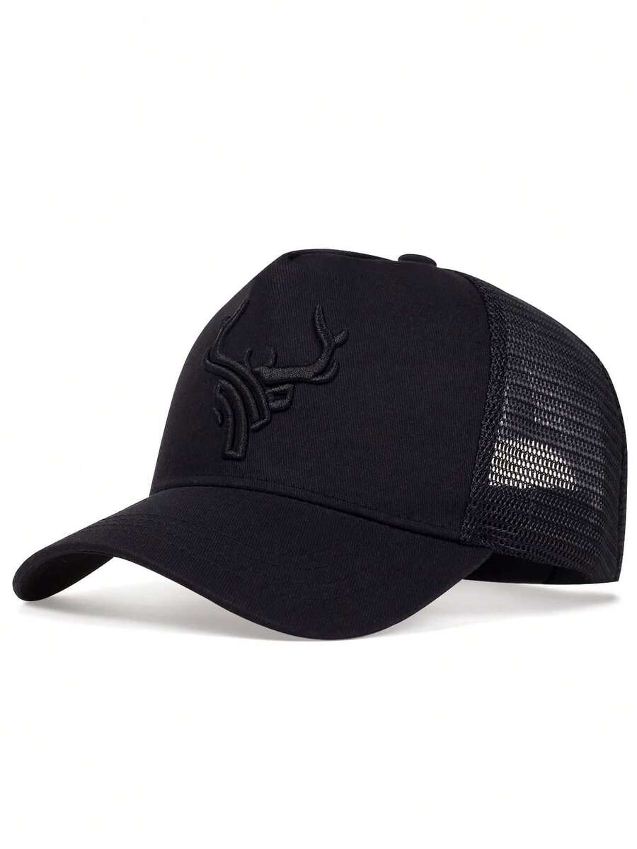1 Men's Mesh Baseball Cap With Antler Embroidery – Adjustable, Sun-Protective Casual Hat For Summer Travel, Beach Parties, And Daily Wear - Black - View 1