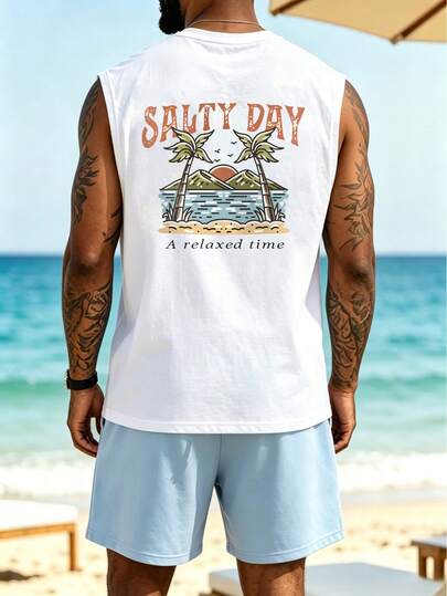 JINYA Men's Summer Casual Beach Coconut Tree Print Vest & Straight Leg Beach Set, Suitable For Home, Outdoor, City, Regular, Street, Leisure, Youth, Campus, Retro, Versatile, Elegant, Personalized, Sports
