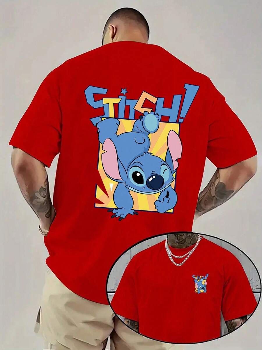 Men'S Short-Sleeve Shirt Featuring A Disney Collaboration With Stitch From 'Lilo & Stitch'. This High-Quality, Soft, And Comfortable Casual Sports T-Shirt Has A Round Neck And A Unique Design, Perfect For Couple Dates, Gatherings,Father's Day Gift - Đỏ - Xem 1