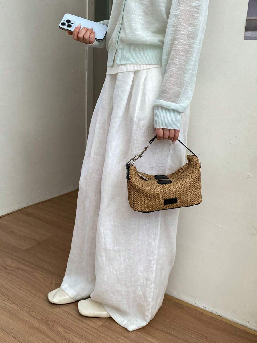 SHIMEINI 1pc New Fashion Straw Dumpling Bag, Versatile Shoulder/Crossbody Bag Suitable For Women, Daily Use, Work Commute, Vacation, Holiday, Party, Shopping, Gift - Black - View 1