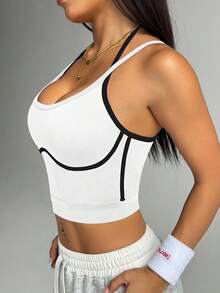 Women's High Elasticity Nylon Sports Vest - Breathable Contrast Color Fitness Top, Seamless Splicing Design, Suitable For Yoga, Pilates, Daily Fitness - Shaping Style And Beautiful Back Support, Simple Style, Comfortable Fit, Pressure-Free Support - Nhiều màu - Xem 7
