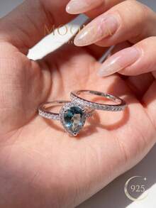 1 set Bague en argent sterling 925 de forme poire, convient pour les sorties quotidiennes, les rendez-vous, les anniversaires et les cérémonies de fiançailles des femmes - Argent - Voir 5