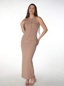 2pcs Women's Solid Color Simple Daily Sleeveless Top And Skirt Set Summer Elegant - Khaki - View 2