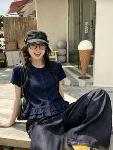俏皮荷葉邊圓領短袖T恤，日系復古少女風百搭寬鬆上衣夏季休閒服飾 - 藏青色 - 查看 3