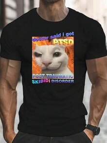 Men's Funny Cat T-Shirt Skibidi Disorder - "Doctor Said I Got PTSD" Retro Graphic T-Shirt With Flames, Black Short Sleeve Crew Neck, Casual Summer Top, Machine Washable, Humorous Gift For Adults, Funny Cat T-Shirt, Casual Outfit, Humorous Design, Comfortable Fit - 黑色 - 查看 1