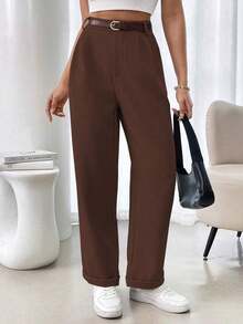 AYYRafferiza Pantalones de traje casuales de mujer de un solo color con pliegues en el bajo y bolsillos, sin estiramientoAYY - Café integral - Ver 3