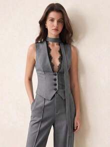 AYYBizChic Nuevo Llegado Primavera/Verano 2026 Chaleco de mujer con cuello a rayas en blanco y negro, con adorno de lazo y encaje, versátil para oficina, viajes, vestimenta de negocios, estilo Y2KAYY - Gris - Ver 6