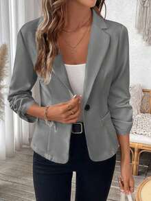 AYYEMERY ROSE Blazer informal de mujer de unicolor con puños drapeados para otoñoAYY - Gris - Ver 5