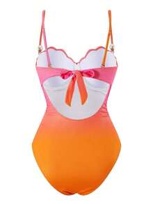Swim Oasis Conjunto de traje de baño de 2 piezas de moda alta para mujer con falda ajustado con abertura lateral fruncida, ajustable con doble tirante y diseño de concha con degradado de color para primavera/verano - Rosa Fucsia - Ver 4
