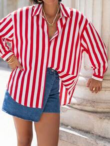 Striped Shirt, Long Sleeve, Suitable For Women In Spring, Summer And Autumn, Fashionable Loose Fit, With Striped Pattern And Buttons, Ideal For Outings And Vacations - Red - View 3