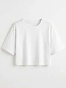 Fashionable Loose Cropped T-Shirt, Summer Casual Solid Color Top, Machine Washable, Soft And Comfortable Fabric - White - View 5