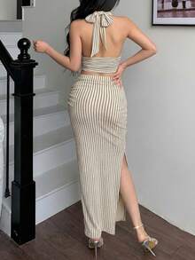 abyoxi 杏色與黑色直條紋女款細肩帶深V領露背綁帶短版上衣搭配高腰百褶側開衩貼身裙 2件套裝，性感迷人，復古優雅，適合約會、派對、日常出遊、通勤、正式晚餐，夏季短版上衣與長裙套裝 - 杏色 - 查看 2