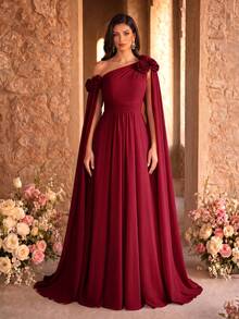 SUPGIR Asymmetric Neck Flower Decor Maxi Ruffle Waist Long Chiffon Dress, Bridesmaid Dress Wedding Spring - Burgundy - View 4