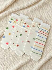 5 Pairs Sweet Colorful Heart Pattern Breathable Hollow Out Cuffed Mid-Calf Socks, College Style For Women Spring/Summer - Multicolor - View 1