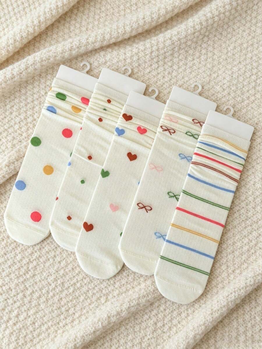 5 Pairs Sweet Colorful Heart Pattern Breathable Hollow Out Cuffed Mid-Calf Socks, College Style For Women Spring/Summer - Multicolor - View 1