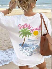 Women's OUL Short-Sleeved T-Shirt With A Round Neck And Coconut Tree And Sun Print, New Spring/Summer Collection, Versatile And Fashionable, Essential For Everyday Wear And Vacations. Women's Vacation Print T-Shirt - Vintage Style, Unisex, Loose Fit, Cotton, Short Sleeve, Round Neck, Blouses For Women. Casual Blouses For Ladies. - 白色 2 - 查看 1