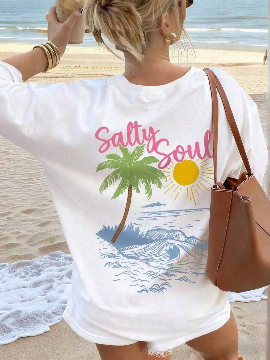 Women's OUL Short-Sleeved T-Shirt With A Round Neck And Coconut Tree And Sun Print, New Spring/Summer Collection, Versatile And Fashionable, Essential For Everyday Wear And Vacations. Women's Vacation Print T-Shirt - Vintage Style, Unisex, Loose Fit, Cotton, Short Sleeve, Round Neck, Blouses For Women. Casual Blouses For Ladies. - 白色 2 - 查看 1