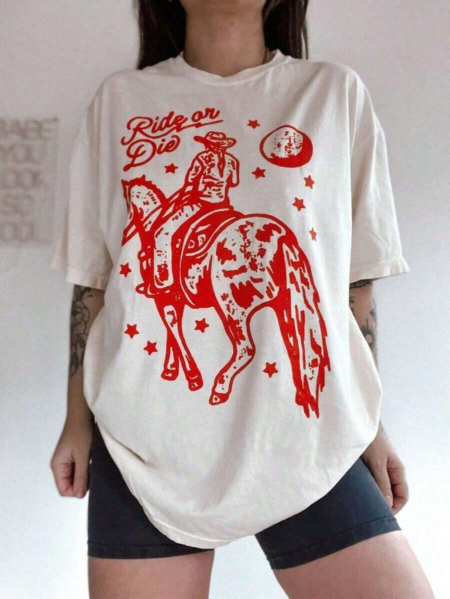1 Oversized T-Shirt With A Large Print, White T-Shirt With A "Rockin' Around The Christmas Tree" Design, Country-Style Christmas T-Shirt, Retro Western Christmas T-Shirt, Cowboy-Style Family T-Shirt, Comfortable, Crew Neck, Versatile, Perfect For Outdoor Activities. Cotton T-Shirt. - 白色4 - 查看 1