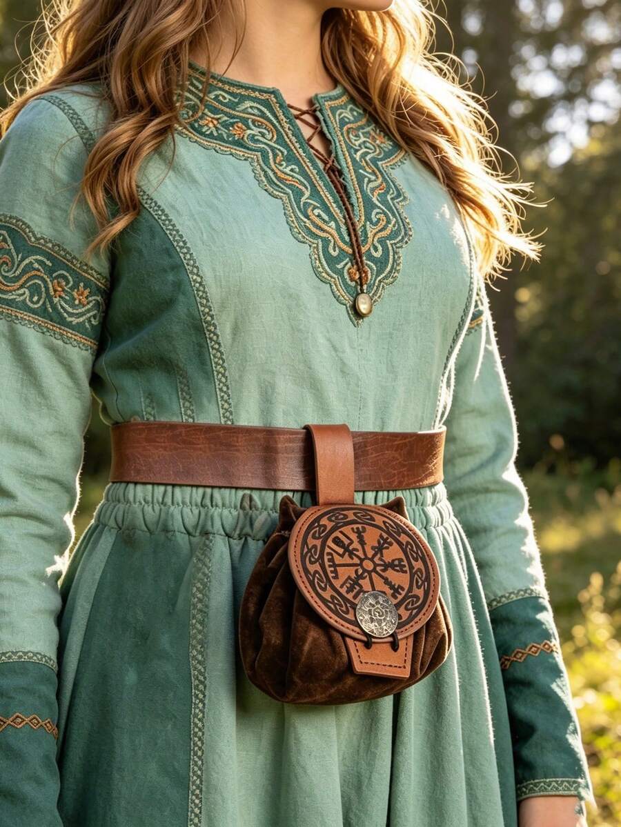 1pc Nordic Viking Compass PU Leather Embossed Velvet Waist Bag, Medieval Waist Pack, Suitable For Cosplay And Renaissance Festival - A - View 1