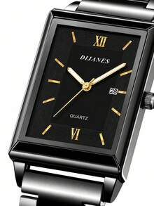 1pc Fashionable Rectangular Dial Quartz Watch For Men, Silver Stainless Steel Strap, Gold Markers & Hands With Date Display, Business Casual Daily Wristwatch, Father's Day Christmas Birthday Gift - Black - View 9