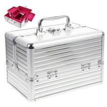 1188- Makeup Case Cosmetic Carrier Box Cosmetic Organizer Case Large Capacity Storage 25x17x17cm With Lock For Silver Strip Bottom - 銀色條紋,紅色背景 - 查看 1