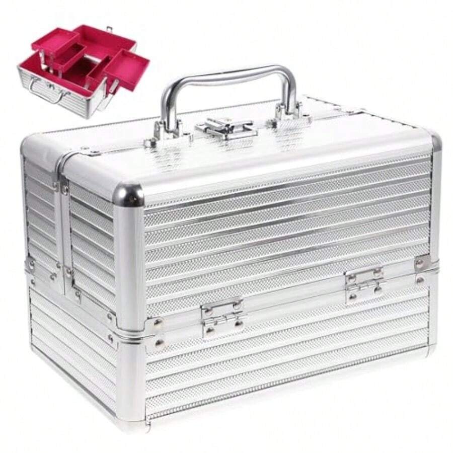 1188- Makeup Case Cosmetic Carrier Box Cosmetic Organizer Case Large Capacity Storage 25x17x17cm With Lock For Silver Strip Bottom - 銀色條紋,紅色背景 - 查看 1