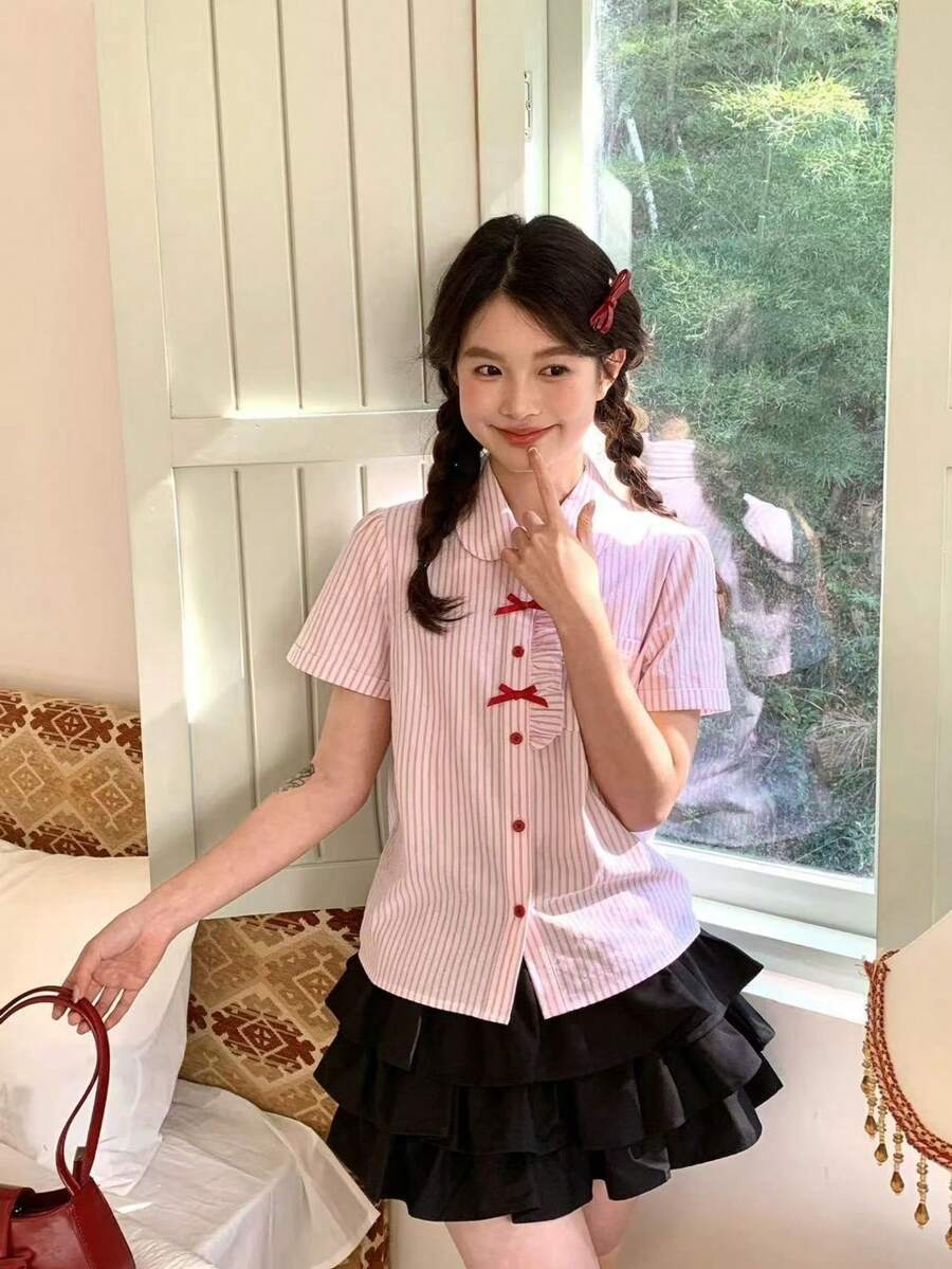 Summer Clothes For Women, Women's Tops, Y2K Tops, T-Shirts, Stylish Outfits, White Tops, Short-Sleeved, Office Casual, Summer, French Chic, Pure And Innocent Style, Lace Short-Sleeved Shirt, New Summer Butterfly Ribbon Trim Top - A04 - 查看 1