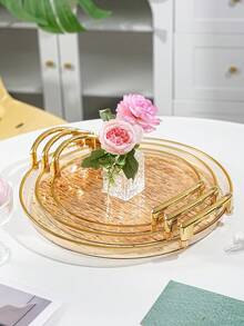 Tea Cup Coffee Cup Water Cup Serving Tray, Thickened PET Round Transparent Glacier Pattern Tray With Handles, Durable - Perfect For Home Living Room Decor, Weddings And Parties - Amber With Gold Trim - View 2