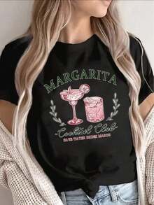 Black Short-Sleeved T-Shirt With A Regular Fit, Decorated With A Daisy Design. Lightweight And Suitable For Casual Wear At Home Or In Restaurants, With A Fun Pink And Green Print. A Great Summer Gift Idea. - 黑色 - 查看 7