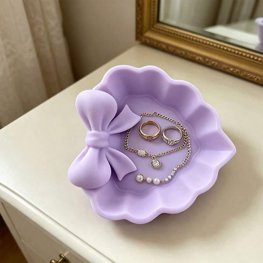 3D Printed Heart-Shaped Jewelry Tray With Pink Bow, Suitable For Vanity, Sinkside Or Jewelry Storage. A Great Home Decor, Desk Accessory And Jewelry Organizer - Multicolor - View 1