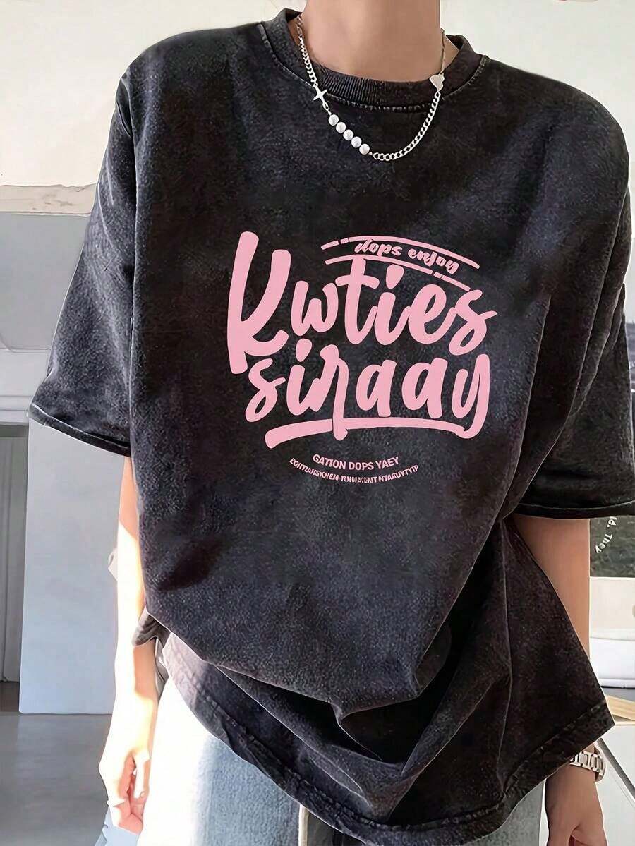 Women's Y2K Style T-Shirts - Thick Fabric T-Shirt With A Vintage Washed And Distressed Cartoon Print, Loose Fit, Long Crew Neck, Suitable For Casual Wear In Spring, Summer, And Fall. Soft Texture, Urban Style, Breathable Fabric. Unisex - Shirts Summer Outings Casual Blouses For Women - 黑色 - 查看 1