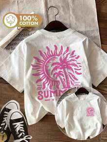 | Exquisite Design | Loose And Comfortable | Easy To Match | [Double-Sided Print] Pure Cotton Short-Sleeved Crew Neck T-Shirt With Vintage-Style Summer Elements Print. Y2K Style Sportswear, Crew Neck, 100% Cotton, Soft Fabric, Short Sleeve. - 白色的 - 查看 7