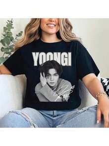 Men's Korean K-Drama Inspired T-Shirt - Yoongi And Logo Print, Soft And Breathable Fabric, Casual Loose Fit T-Shirt For All Seasons Comfort, Machine Washable, Unisex Style For Men And Teens, K-Drama Fan Merchandise For Year-Round Wear, Parties, Pure-Cotton - 黑色 - 查看 7