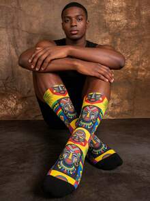 1/3 Pairs African Mid-Calf Socks, African Traditional Mask Design, Men Novelty Socks, Summer Outfit - Multicolor - View 4