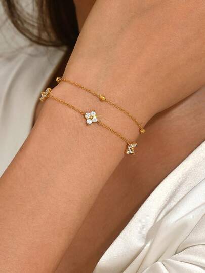 1pc Luxury Double-Layer Four-Leaf Clover Adjustable Bracelet, Minimalist Elegant Rhinestone Decor, Suitable For Daily Casual, Commute, Beach, Date, Party, Best Gift For Friends And Family On Valentine's Day, Christmas, Halloween