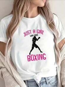 1 Piece Of Women's Short Sleeve T-Shirt, Boxing Themed Print Design, Lightweight And Durable, Suitable For The Gym, Daily Wear Or Sports Occasions, Pink Text Pattern, Comfortable Fit, Perfectly Suited To Lifestyle, 180g 100% Cotton. - 白色 - 查看 7