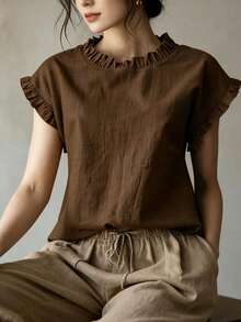 Women's New Ruffle Collar & Sleeve Design Solid Color Casual Blouse, Elegant And Versatile For Summer, Suitable For Work, Home And Office - Coffee Brown - View 4