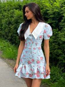 Spring/Summer Casual Style Dress With Collar, Front Buttons, Tie Back And Tie-Dye Print, For Everyday Wear, Western Style, Bohemian, Music Festivals, Vacation, Fairycore Style, Elegant For Women - Pearl White - 查看 7