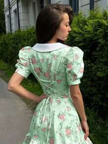 Spring/Summer Casual Style Dress With Collar, Front Buttons, Tie Back And Tie-Dye Print, For Everyday Wear, Western Style, Bohemian, Music Festivals, Vacation, Fairycore Style, Elegant For Women - 湖藍色 - 查看 8