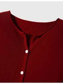 Cozy Cardigan For Women - Short Solid Color Sweater Jacket, Casual Office Wear For Autumn And Winter - 酒紅色 - 查看 2