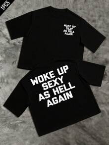 Words Printed On The Front And Back Express Confidence, Energy, And Humor, Reflecting A Positive Attitude To Start The Day With Strength And Determination. With Large Lettering And A Modern Style, This Double-Sided Men's T-Shirt Is Suitable For Casual Everyday Wear And Urban Comfort. - 黑色 - 查看 8