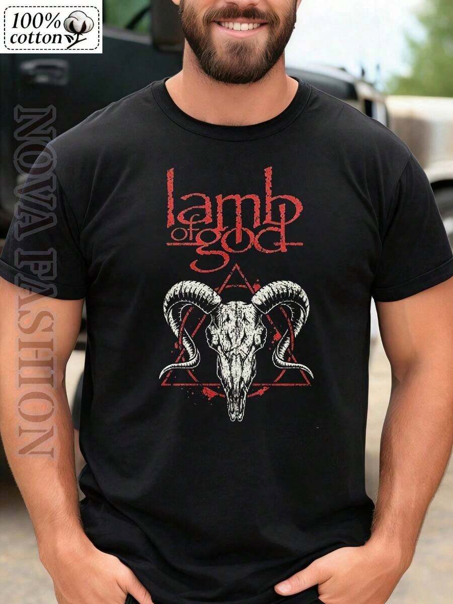 Men's Short-Sleeved T-Shirt, 100% Cotton, With Graphic Print Of The Metal Band Of God Ram Skull, Casual Round Neck, Breathable, Moisture-Wicking, Soft, For Heavy Metal Fans, Perfect For Metal Fans, Concerts, Streetwear, Everyday Wear And In All Seasons, Comfortable Basic Death Metal Music T-Shirt. - 黑色 - 查看 1