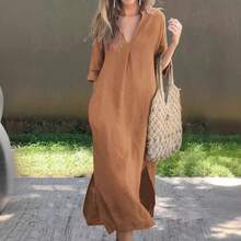Women's Summer Bestseller Dress With Side Slits, V-Neck, 7/8 Sleeves, And Pleated Bust - 黑色 - 查看 9
