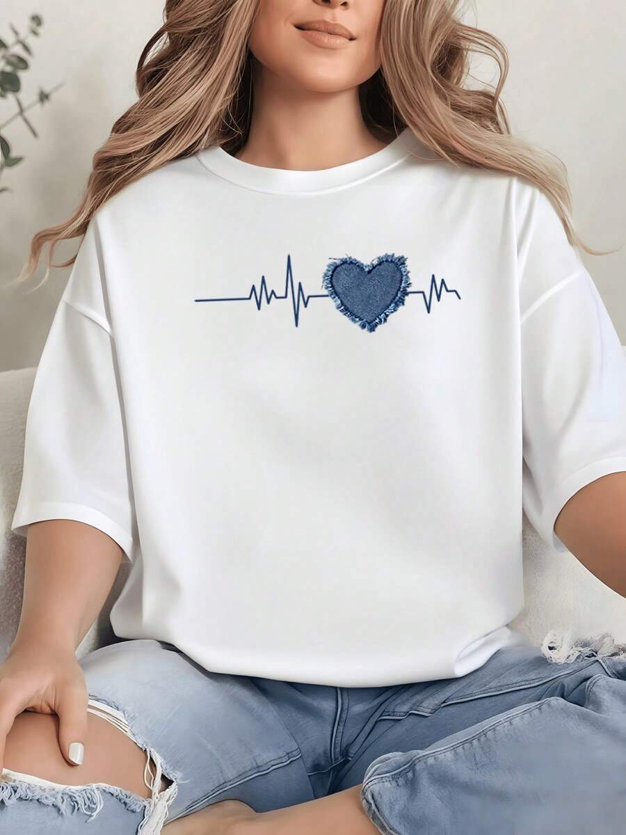 A Blue Heart Surrounded By A Rough Texture That With A Steady Pulse, Symbolizing Inner Strength And Emotional Energy That Keeps Hope Alive. A Comfortable, Casual Women's T-Shirt For Everyday Wear. - 白色 - 查看 1
